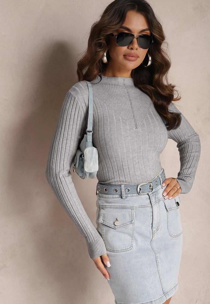 Szary Prążkowany Golf z Cyrkoniami Munize