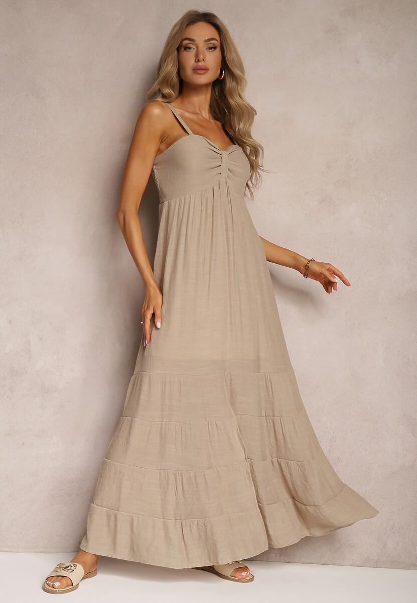 Beżowa Sukienka z Dodatkiem Bawełny na Ramiączkach z Regulacją oraz Gumką z Tyłu Tinanoras