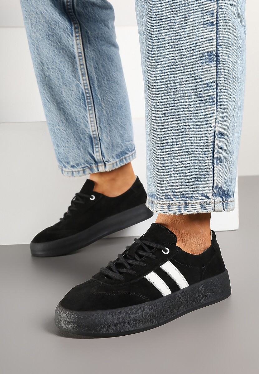 Czarne Sneakersy Klasyczne Tenisówki ze Skóry Naturalnej Alotia