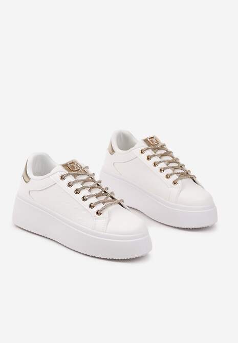 Białe Sneakersy na Platformie z Siateczką i Cyrkoniowym Sznurowaniem Warelna