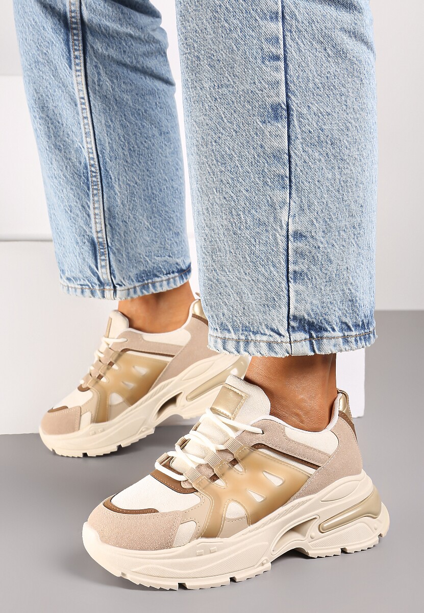 Ciemnobeżowe Sznurowane Sneakersy na Tłoczonej Platformie Nevettine