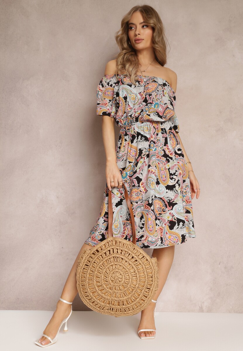 Beżowo-Czarna Bawełniana Sukienka Hiszpanka z Gumką w Pasie i Wzorem Paisley Temika