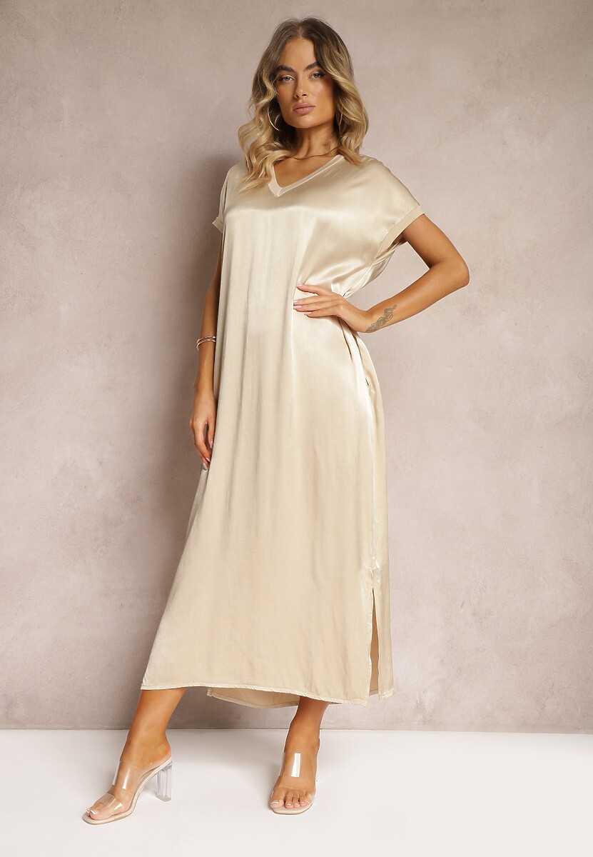 Beżowa Casualowa Sukienka z Wiskozy Oversize o Pudełkowym Kroju Morarose