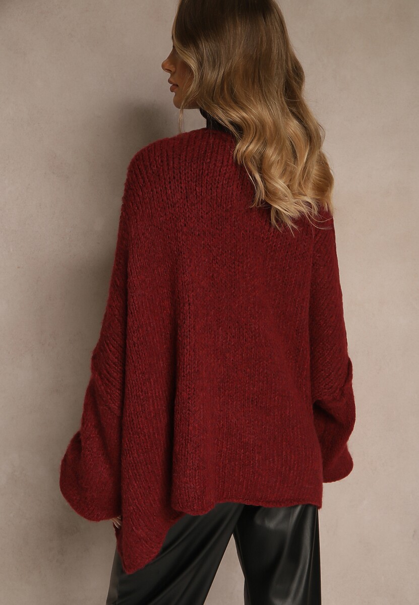 Bordowy Niezapinany Kardigan Nietoperzowy z Dodatkiem Wełny i Wiskozy Rallidia