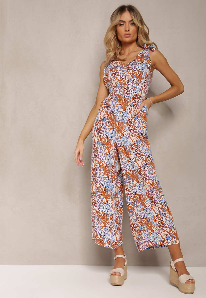 Niebiesko-Brązowy Długi Kombinezon z Wiązanymi Ramiączkami Ozdobiony Mozaikowym Wzorem Jarnsaxa