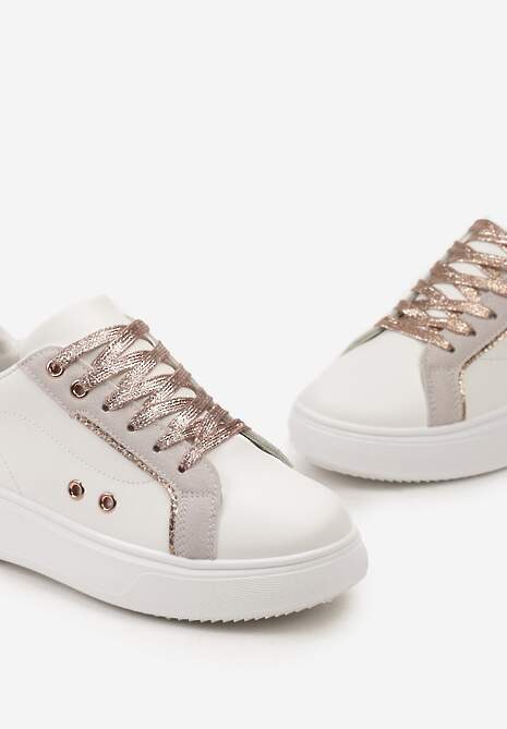 Biało-Złote Sneakersy z Metalicznymi Wstawkami na Grubej Podeszwie Amoone