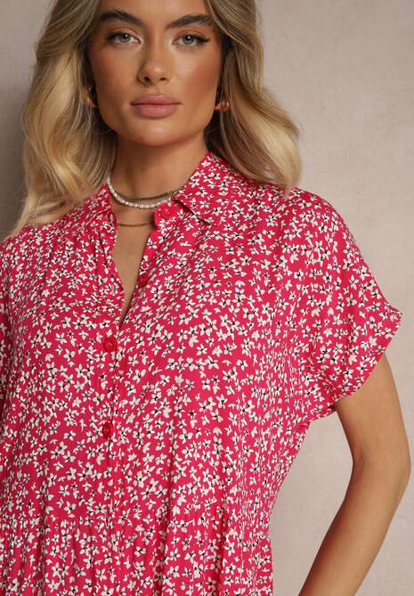 Fuksjowa Koszulowa Sukienka z Bawełny w Kwiaty o Rozkloszowanym Fasonie Sarilon