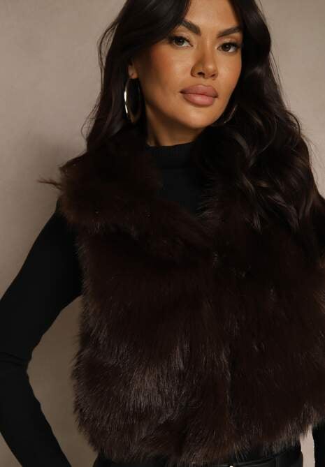 Brązowa Futerkowa Kamizelka z Kołnierzem i Kieszeniami Nenessa