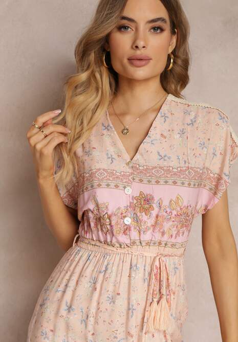 Jasnoróżowa Rozkloszowana Sukienka Maxi z Gumkami w Pasie z Bawełny Besie