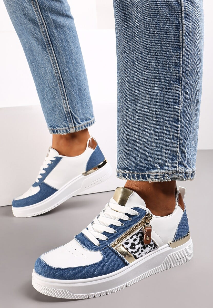 Niebieskie Sneakersy przed Kostkę z Suwakiem i Metaliczną Wstawką Ludovico