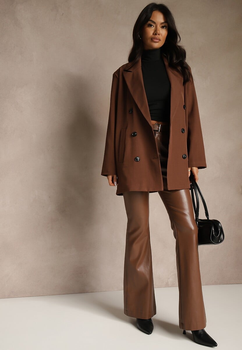 Beżowa Marynarka Dwurzędowa o Przedłużonym Fasonie Pilinne