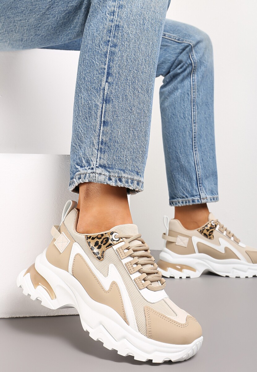 Ciemnobeżowe Sneakersy Na Grubej Podeszwie z Przeszyciami i Sznurwaniem  Marinil