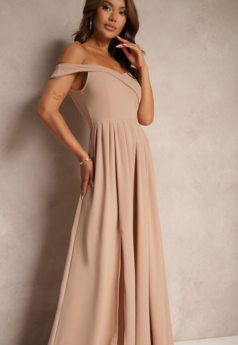 Ciemnobeżowa Elegancka Długa Sukienka Hiszpanka Wykończona Rozcięciem na Dole Idelia