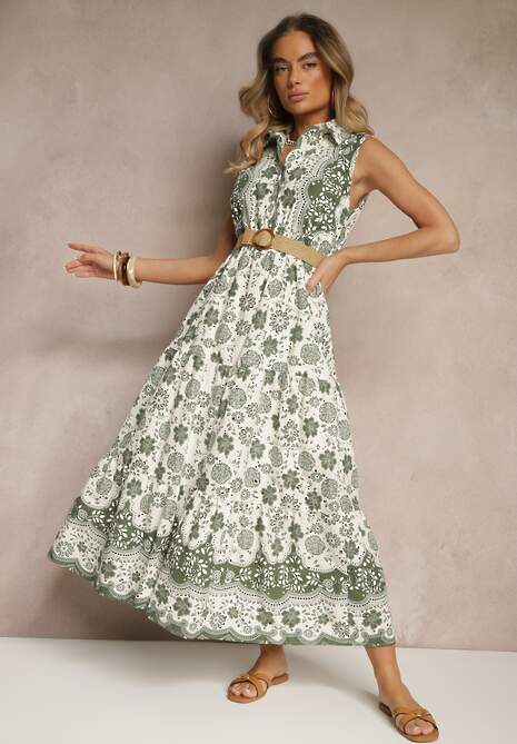 Zielona Koszulowa Sukienka Bez Rękawów z Bawełny z Paskiem z Klamrą Mirasitia