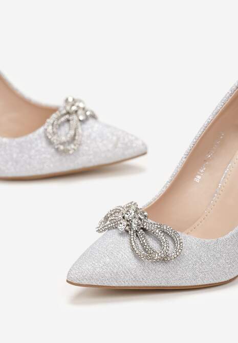 Srebrne Szpilki z Brokatową Cholewką i Kokardką z Cyrkoniami Yonea