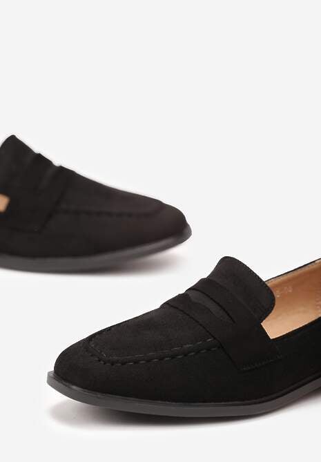 Czarne Wsuwane Mokasyny na Płaskiej Podeszwie z Przeszyciami Firana