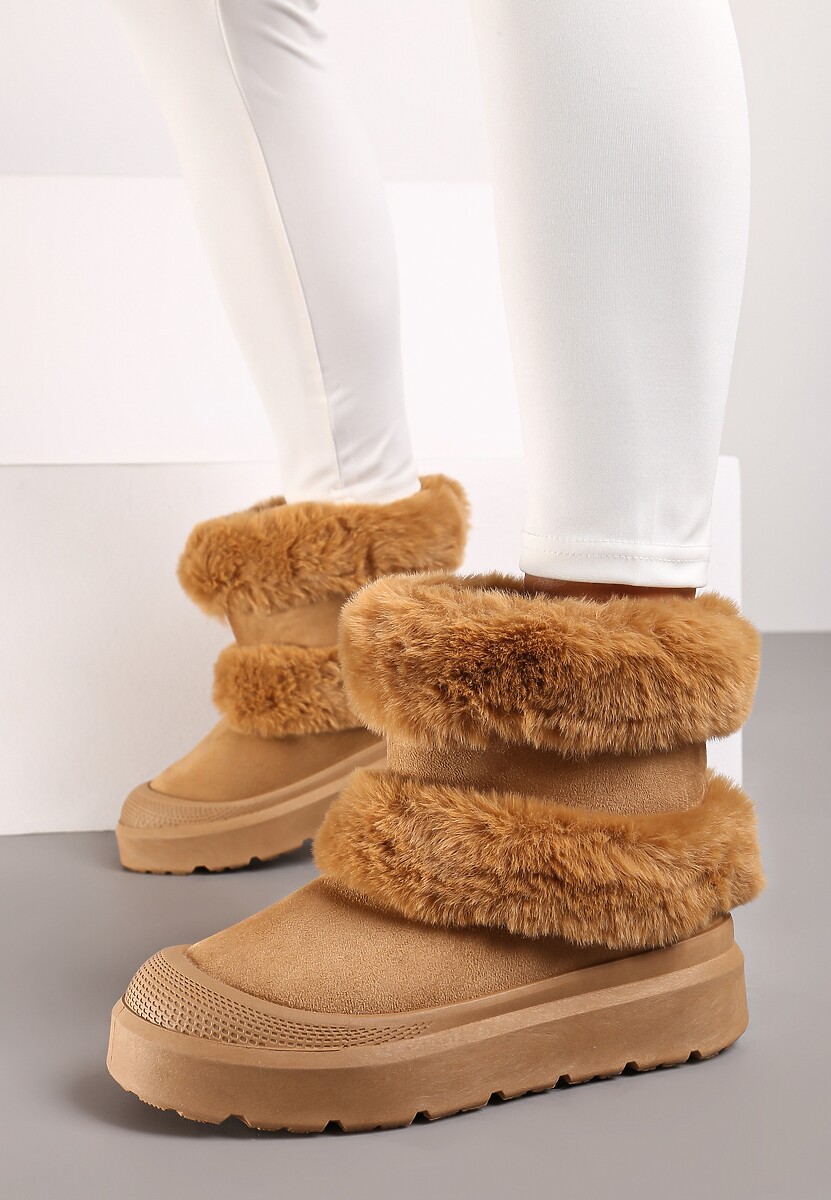 Brązowe Futerkowe Botki Śniegowce na Płaskiej Podeszwie Ivaliona