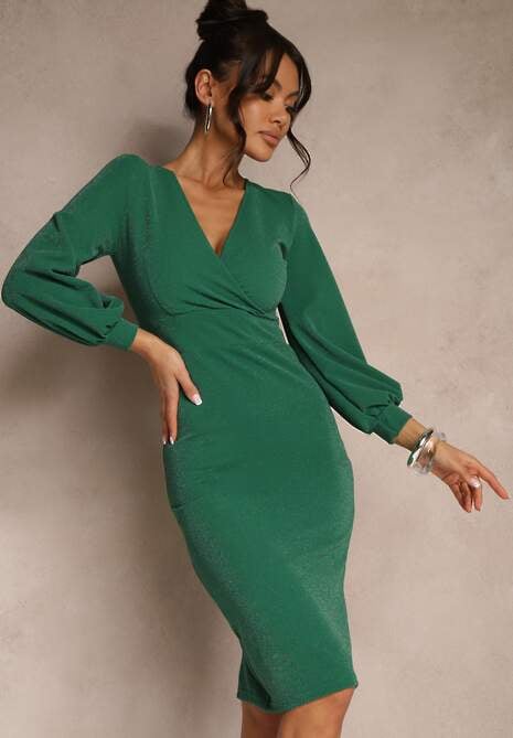 Zielona Kopertowa Sukienka Metaliczna o Dopasowanym Kroju z Bufiastymi Rękawami Nalirael