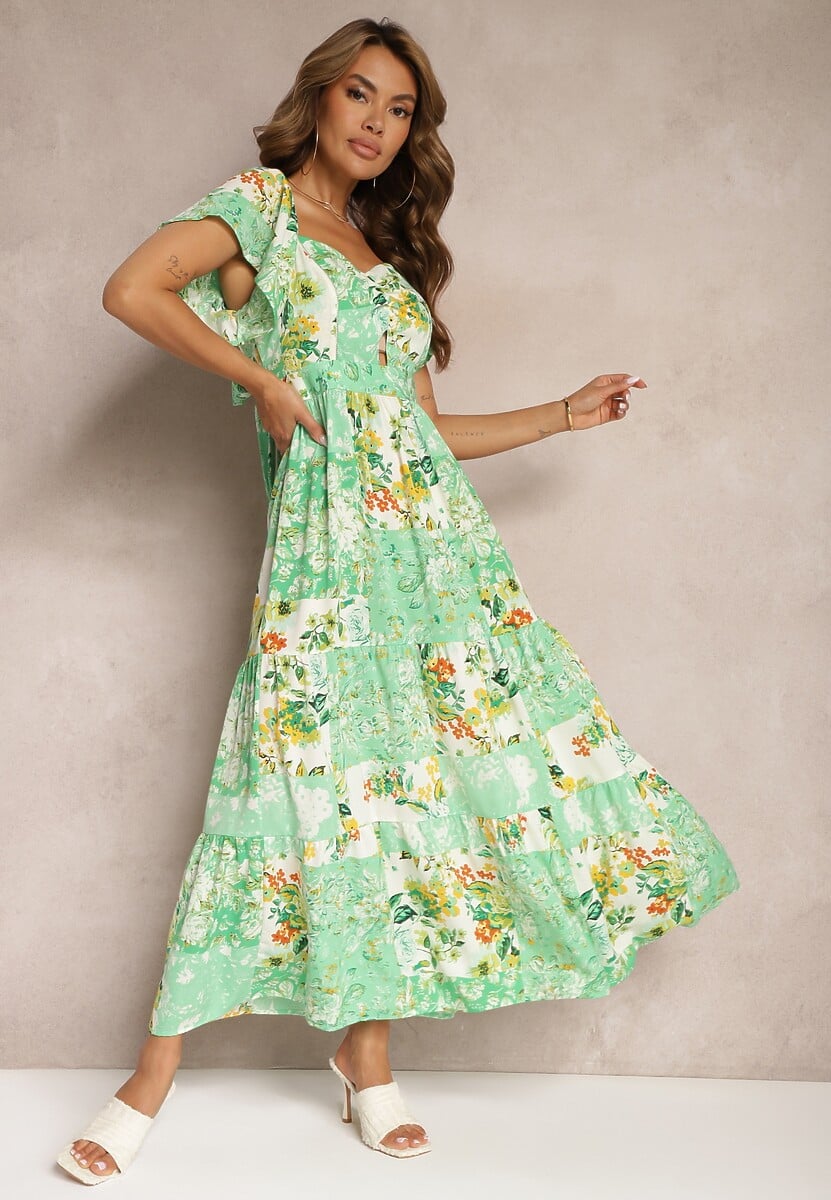 Zielona Sukienka Wiązana na Plecach z Falbanką i Gumką w Pasie Dimille