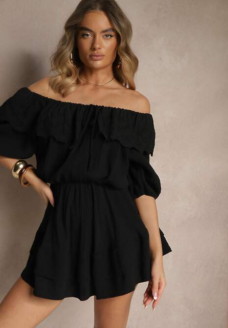 Czarna Sukienka z Bawełny Ozdobiona Ażurową Falbaną Ranisse