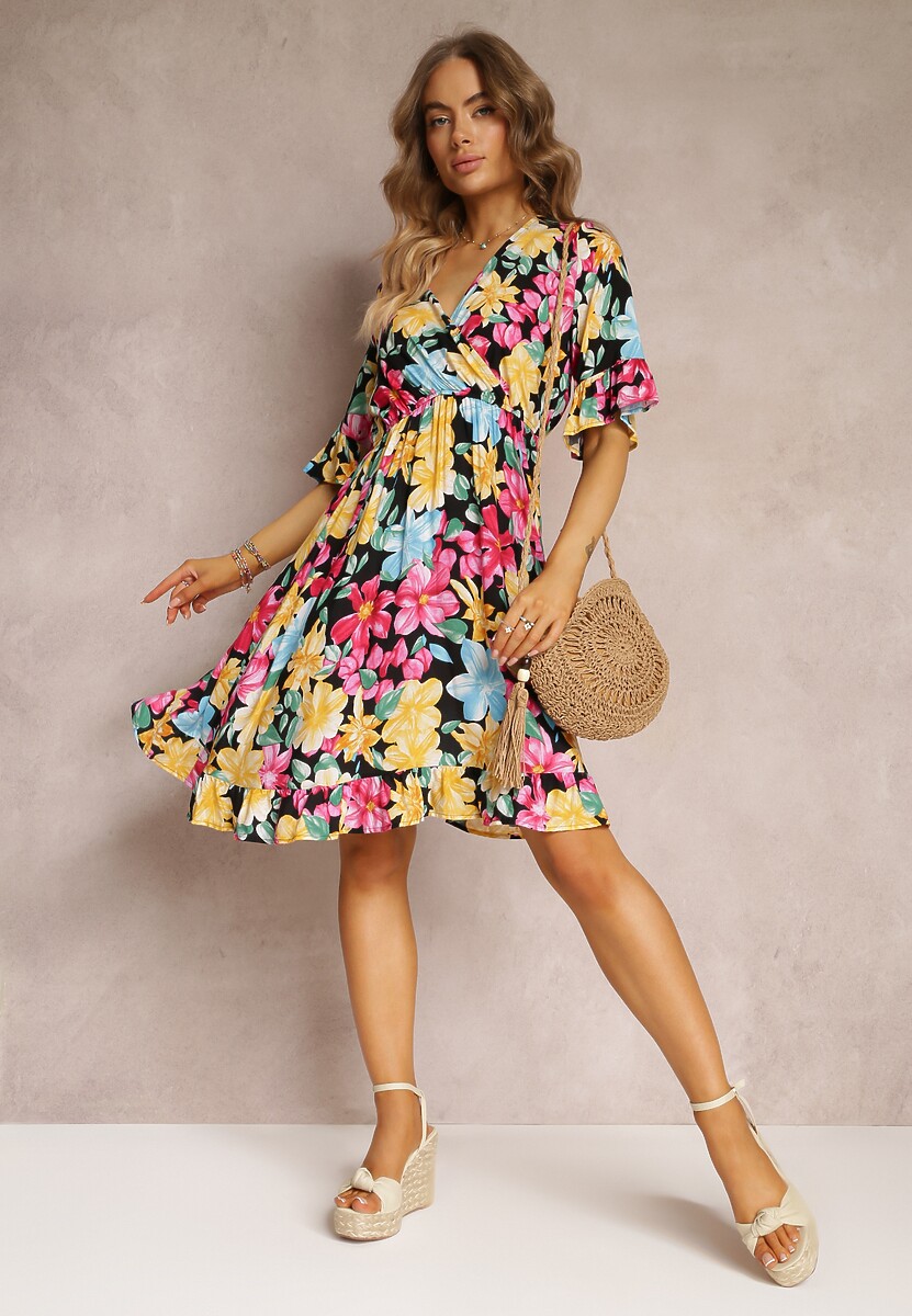 Czarno-Żółta Rozkloszowana Sukienka Mini z Kopertową Górą i Gumką w Talii z Wiskozy Elidi