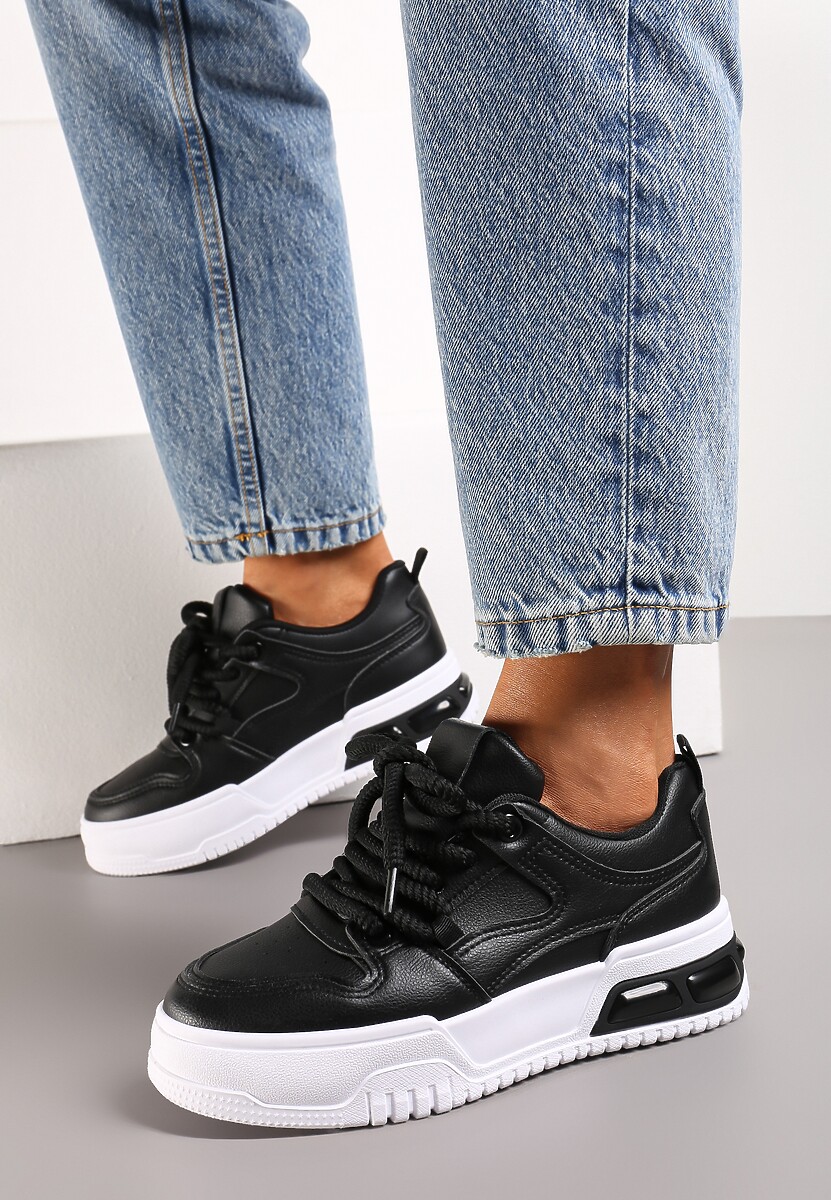Czarne Sneakersy na Platformie Wiązane na Grube Sznurowadła Mirilte