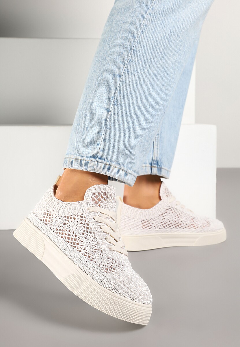 Beżowe Sneakersy z Ażurowej Koronki na Grubej Podeszwie Nanessia