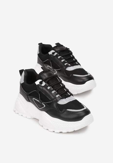 Czarno-Szare Sneakersy na Tłoczonej Podeszwie Zdobione Sznurkiem Wokół Pellesti