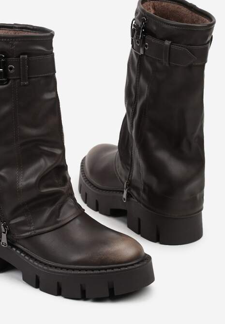 Brązowe Botki Biker Boots z Cholewką Imitującą Nogawkę z Klamerką Veresta