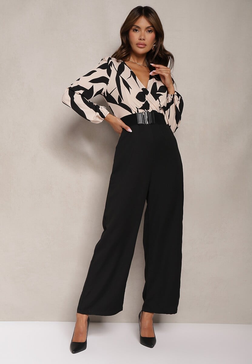 Beżowo-Czarny Długi Kombinezon z Kontrastową Górą i Pasem w Talii Bintia