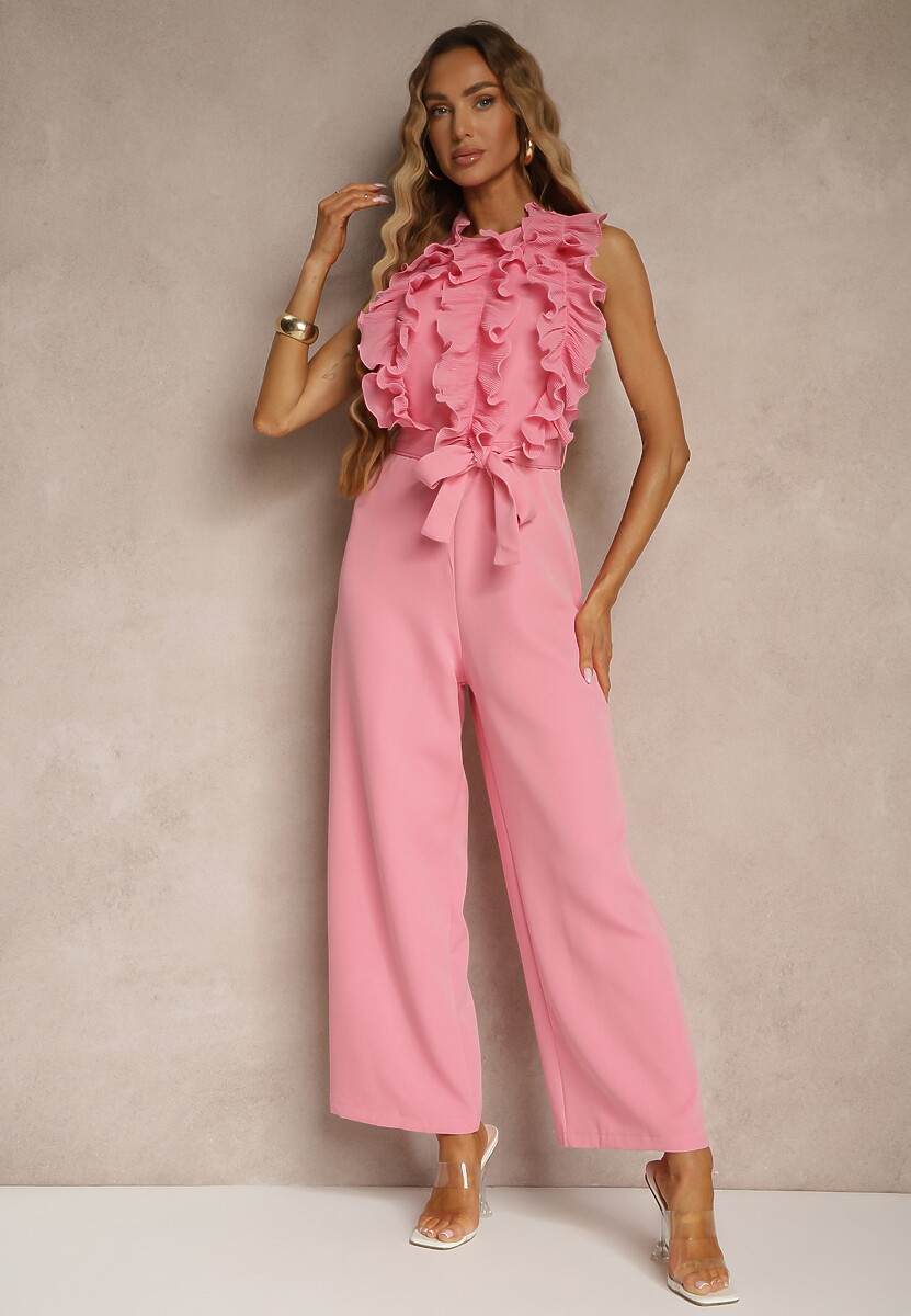 Różowy Kombinezon Koktajlowy z Żabotem Materiałowym Paskiem i Szerokimi Nogawkami Venelsea