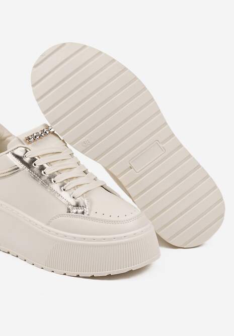 Beżowe Sneakersy na Platformie Ozdobione Przeszyciami Tatoretia