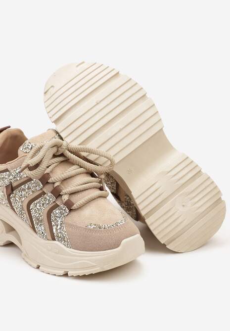 Ciemnobeżowe Sznurowane Sneakersy na Platformie Ozdobione Brokatem Ewla