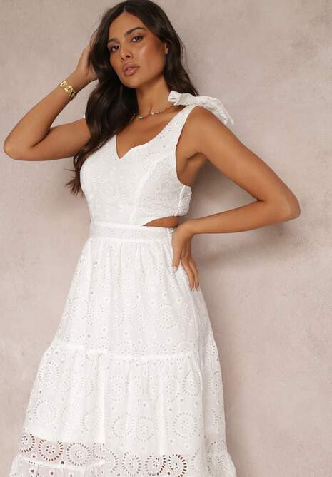 Biała Haftowana Sukienka Maxi na Ramiączkach z Wycięciami Nalila