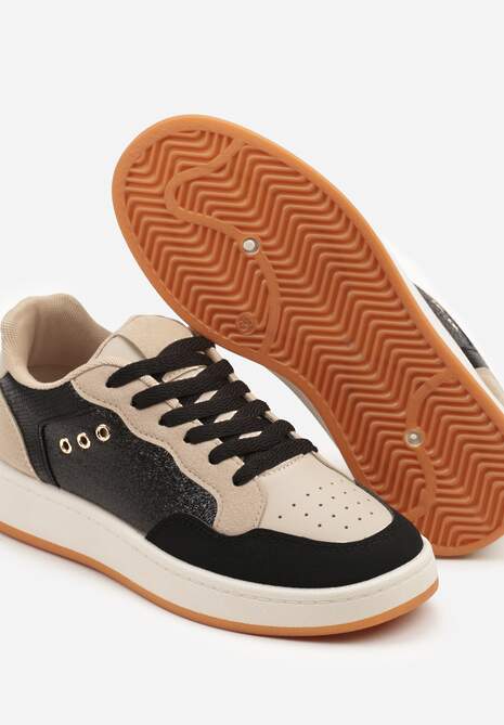 Czarno-Beżowe Streetwearowe Sneakersy Zdobione Przeszyciami Neonisea