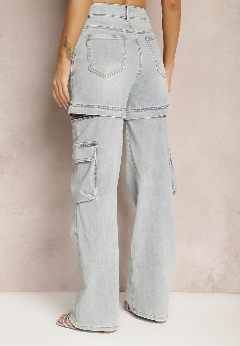 Jasnoniebieskie 2w1 Bawełniane Szorty Jeansy High Waist z Szerokimi Odpinanymi Nogawkami Sadiara