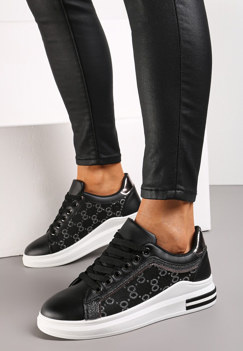 Czarne Sneakersy z Brokatem i Metaliczną Wstawką Selien