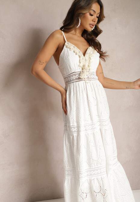 Biało-Beżowa Haftowana Sukienka Bawełniana w Stylu Boho Tirinassa