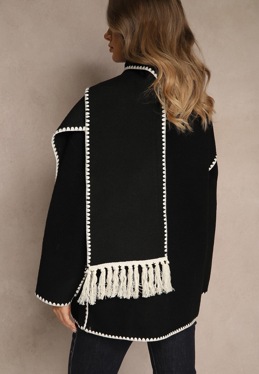 Czarna Kurtka Oversize z Szalikiem i Ozdobnymi Przeszyciami Claritila