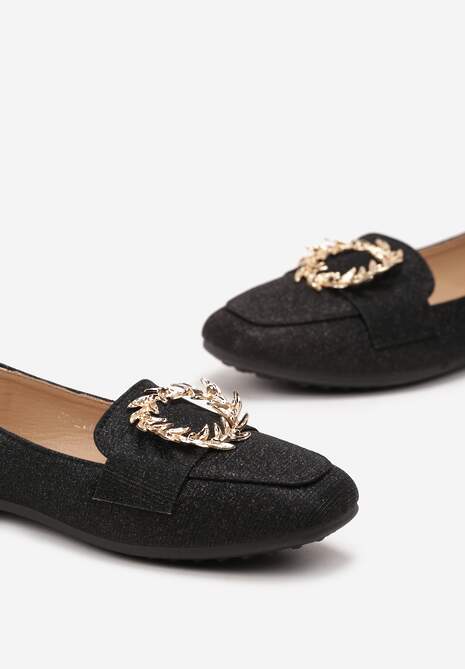 Czarne Brokatowe Mokasyny na Płaskiej Podeszwie z Ozdobną Klamrą Filian