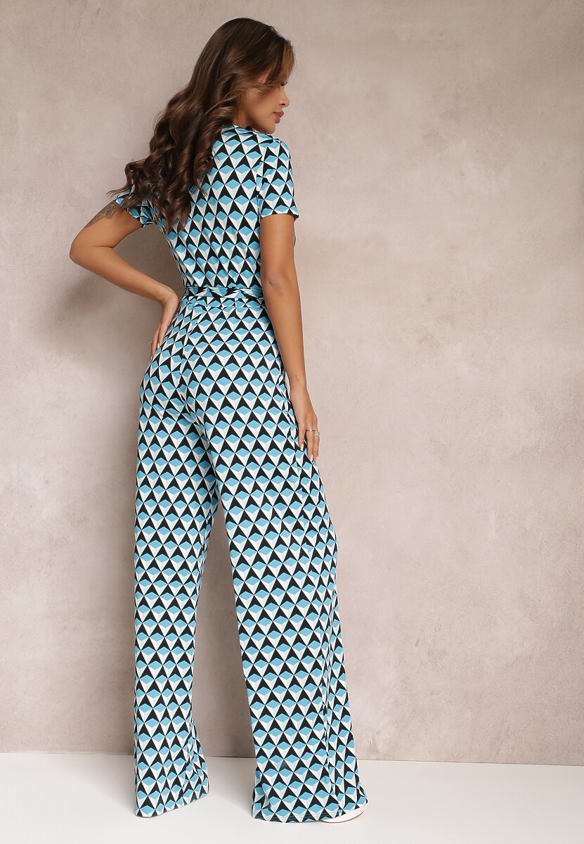 Niebieski Kopertowy Kombinezon z Krótkim Rękawem i Długimi Nogawkami Avrey