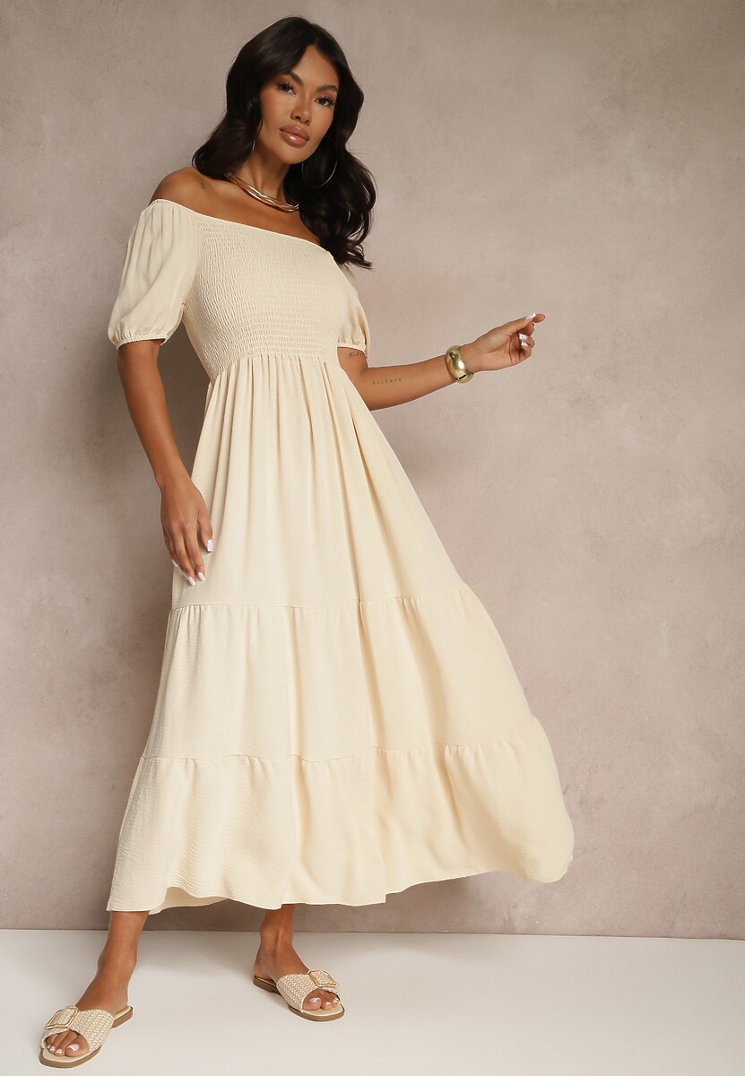 Jasnobeżowa Sukienka Hiszpanka z Marszczoną Górą Lumirielle