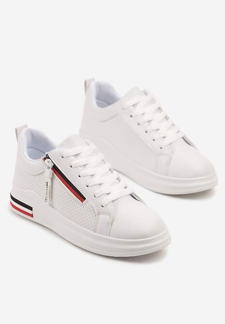 Białe Sneakersy z Ozdobnymi Napisami Suwakiem i Paskami Tosime