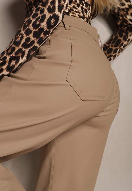 Beżowe Spodnie Woskowane o Szerokim Kroju High Waist Sezila