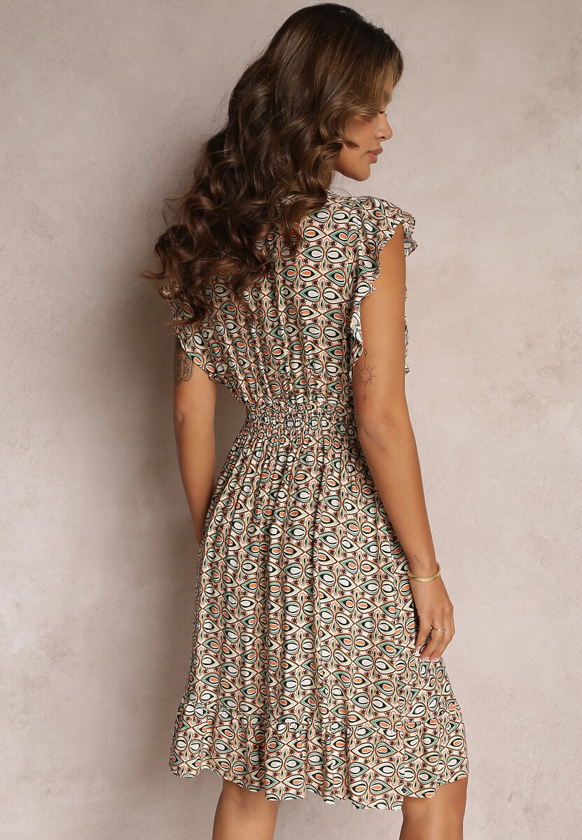 Beżowo-Zielona Wiskozowa Sukienka Mini z Gumkami w Pasie w Kwiatki Reeves