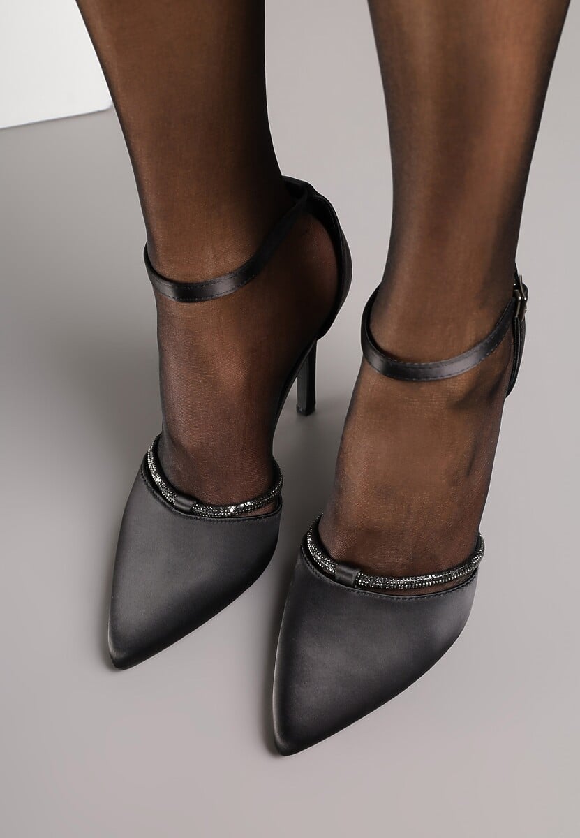Czarne Satynowe Szpilki Vices z Wkładką ze Skóry Naturalnej i Ozdobnym Cyrkoniowym Paskiem Lizzeth