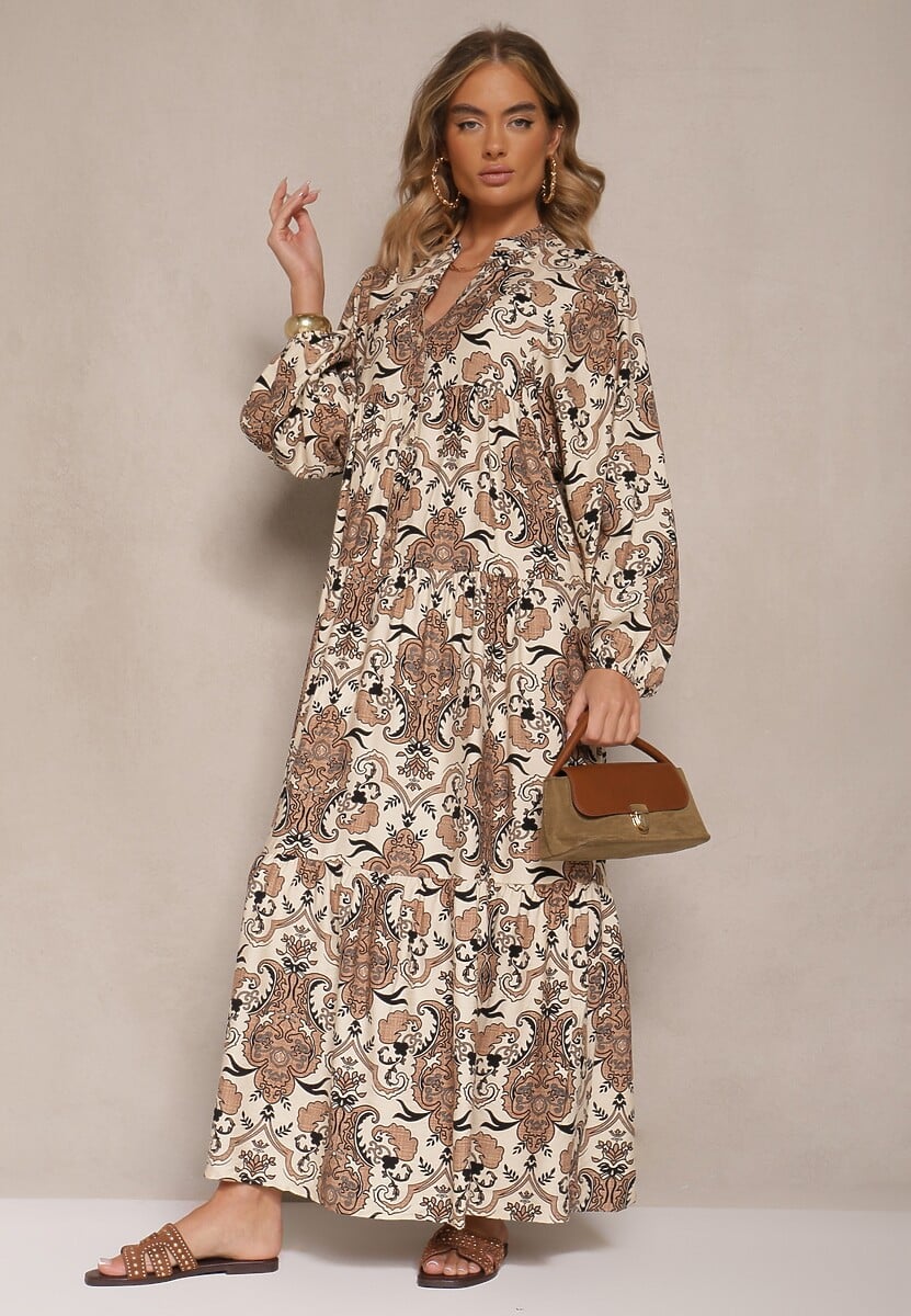 Brązowa Rozkloszowana Sukienka z Wiskozy z Dekoltem w Kształcie Litery V Atenavela