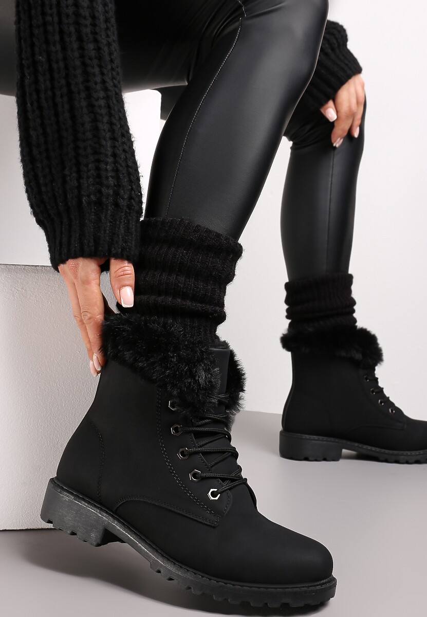 Czarne Ocieplone Botki Trapery z Futerkiem Wokół Cholewki Atuval