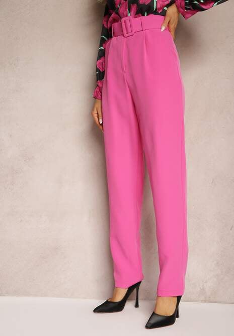 Ciemnoróżowe Spodnie Garniturowe High Waist z Paskiem Wenus