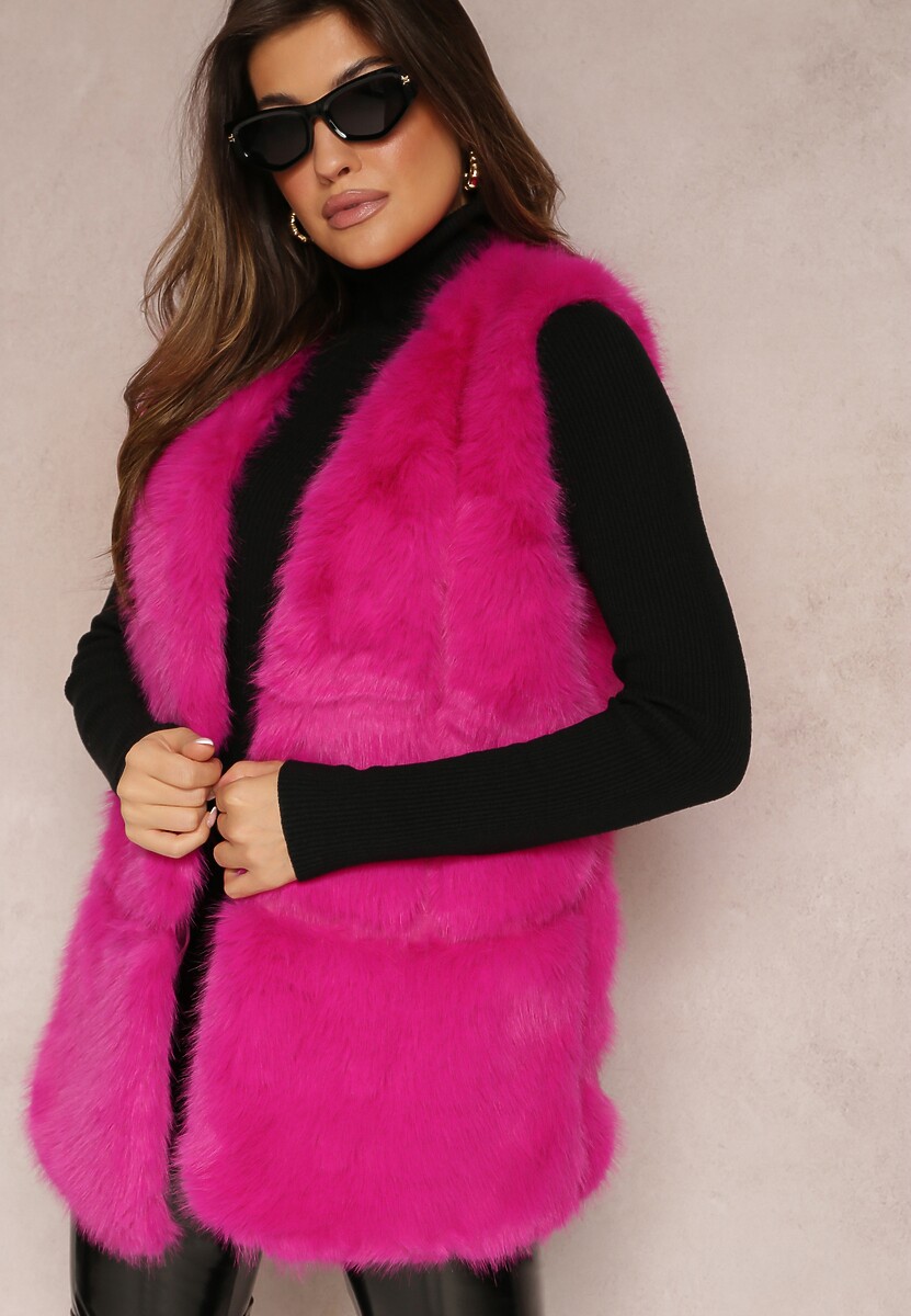 Jasnozielona Puchata Kamizelka z Futerka Ozdobiona Imitacją Skóry Tekllesa